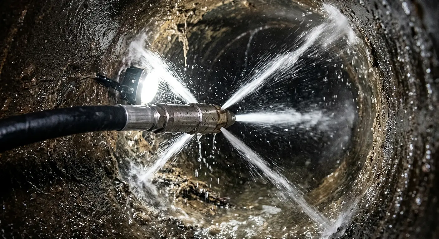 High-pressure hydro jetting nozzle cleaning sewer pipe for Trenchless Sewer Repair in DeSoto