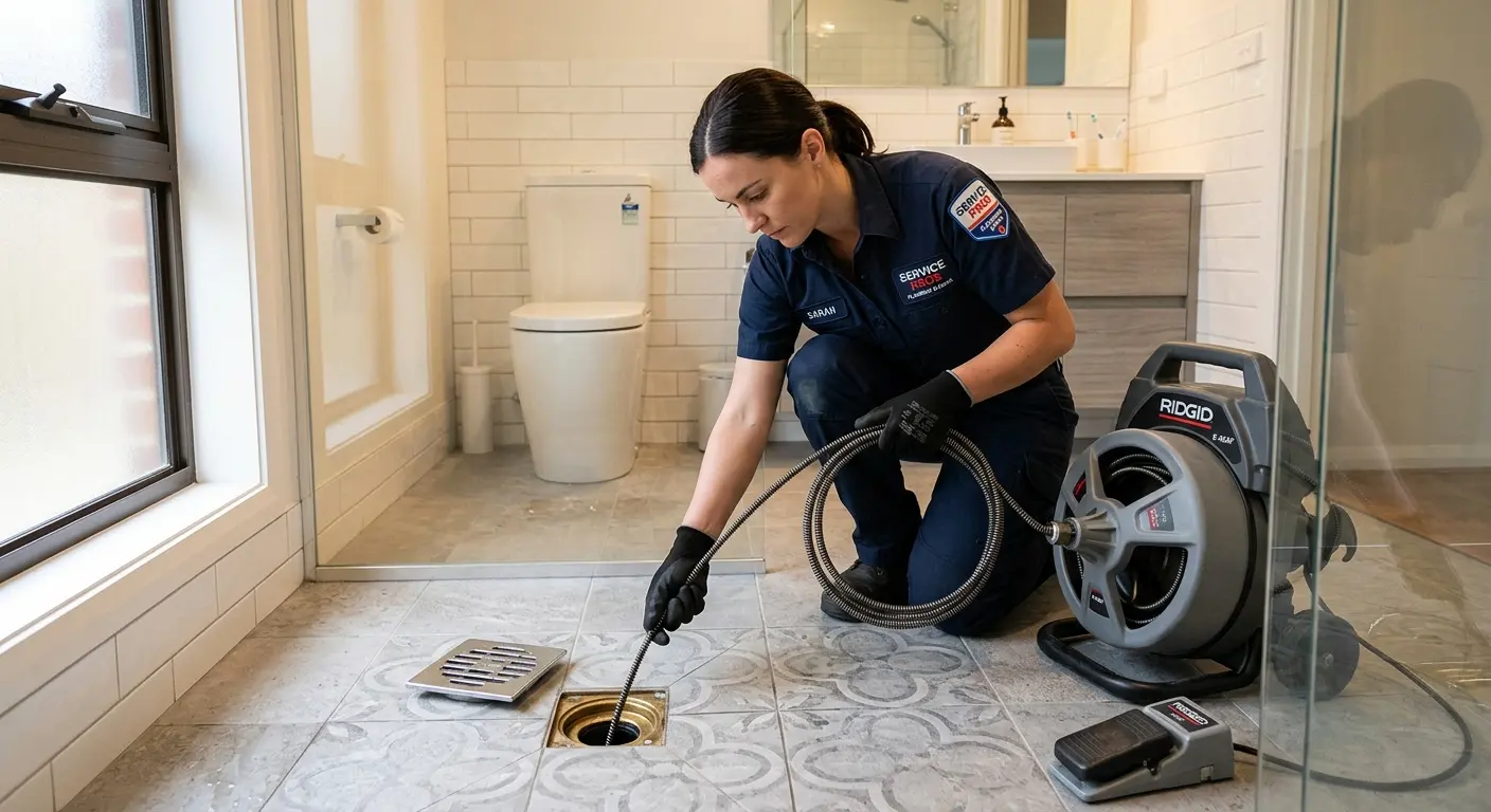 Technician clearing a bathroom floor drain for Sewer Line Installation in DeSoto